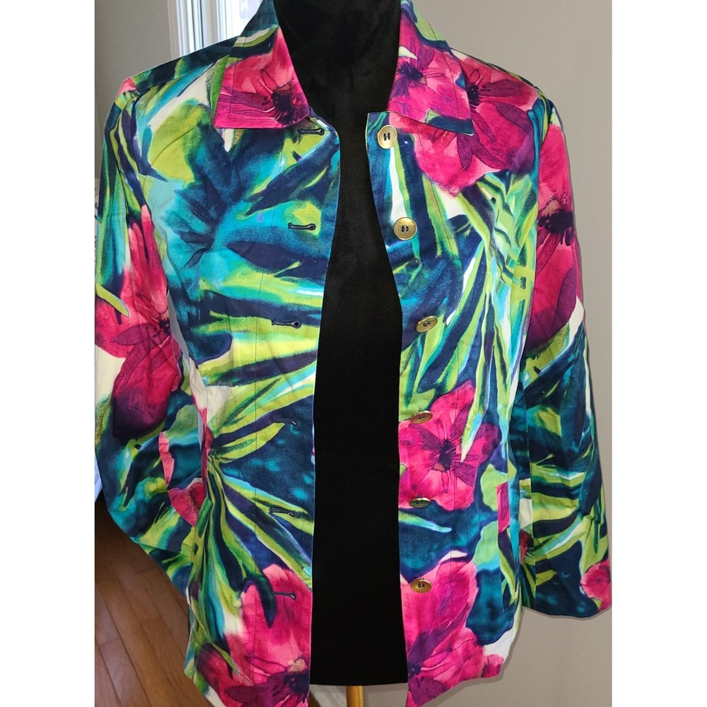 Additions Chico's 0 (S 4) Watercolor Floral Cotton Stretch Jacket Blazer Tropics